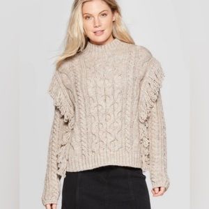 Gray Universal Thread Cable Knit Fringe Turtleneck Sweater